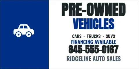 Banner template, pre-owned vehicles, reading "PRE-OWNED", "VEHICLES" and "845-555-0167", in blue and white