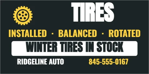 Banner template, tires, reading "TIRES", "INSTALLED · BALANCED · ROTATED" and "WINTER TIRES IN STOCK", in white and charcoal