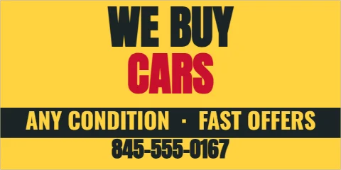 Banner template, we buy cars, reading "WE BUY", "CARS" and "845-555-0167", in charcoal and yellow