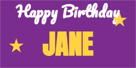 Banner template, happy birthday, reading "Happy Birthday" and "JANE", in purple