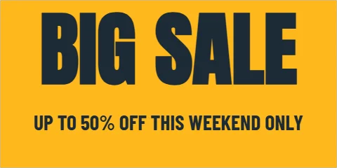 Banner template, sale, reading "BIG SALE" and "UP TO 50% OFF THIS WEEKEND ONLY", in gold