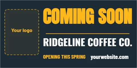 Banner template, coming soon, reading "COMING SOON", "RIDGELINE COFFEE CO." and "yourwebsite.com", in navy, with a space for your logo