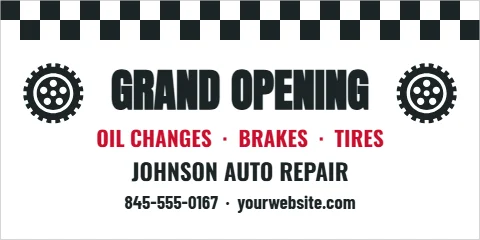 Banner template, grand opening, auto shop, checkered, reading "GRAND OPENING", "OIL CHANGES · BRAKES · TIRES" and "JOHNSON AUTO REPAIR", in white