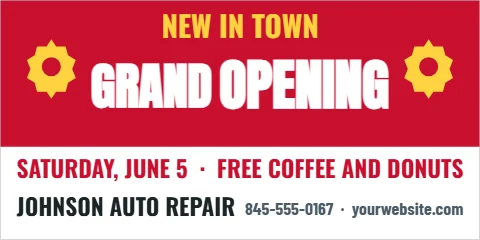 Banner template, grand opening, auto shop, reading "NEW IN TOWN", "OPENING" and "GRAND", in red and white