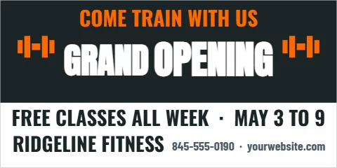Banner template, grand opening, gym, reading "COME TRAIN WITH US", "OPENING" and "GRAND", in charcoal and white