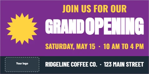 Banner template, grand opening, festive, reading "JOIN US FOR OUR", "OPENING" and "GRAND", in navy and purple, with a space for your logo