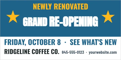 Banner template, grand re-opening, reading "NEWLY RENOVATED", "GRAND" and "RE-OPENING", in steel blue and white