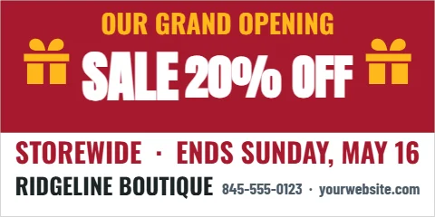 Banner template, grand opening sale, reading "OUR GRAND OPENING", "SALE" and "20% OFF", in maroon and white