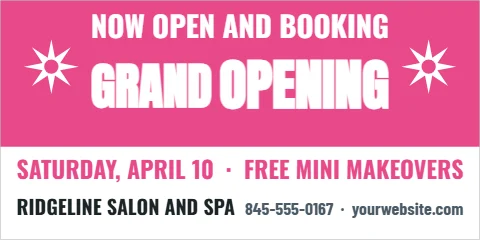 Banner template, grand opening, salon and spa, reading "NOW OPEN AND BOOKING", "OPENING" and "GRAND", in pink and white