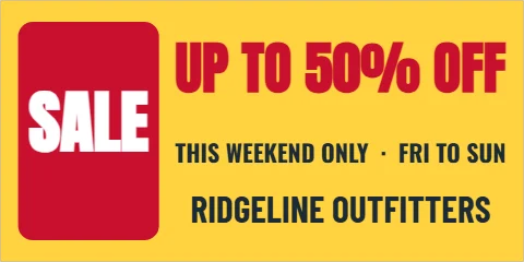 Banner template, big sale, reading "UP TO 50% OFF", "SALE" and "RIDGELINE OUTFITTERS", in red and yellow