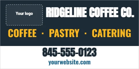 Banner template, storefront banner, reading "RIDGELINE COFFEE CO.", "COFFEE · PASTRY · CATERING" and "845-555-0123", in navy and white, with a space for your logo