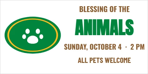 Banner template, blessing of the animals, reading "BLESSING OF THE", "ANIMALS" and "ALL PETS WELCOME", in green and white