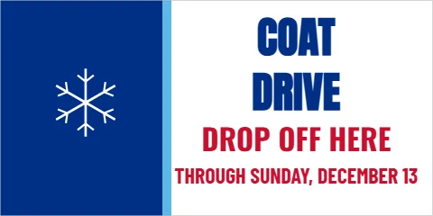 Banner template, coat drive, reading "COAT", "DRIVE" and "DROP OFF HERE", in blue and white