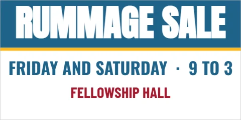 Banner template, rummage sale, reading "RUMMAGE SALE", "FRIDAY AND SATURDAY · 9 TO 3" and "FELLOWSHIP HALL", in steel blue and white