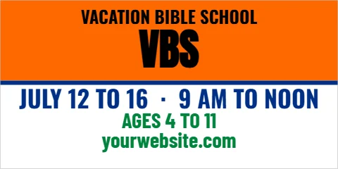 Banner template, vacation Bible School, reading "VBS", "AGES 4 TO 11" and "yourwebsite.com", in orange and white