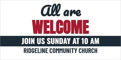 Banner template, all are welcome, reading "All are", "WELCOME" and "JOIN US SUNDAY AT 10 AM", in navy and white
