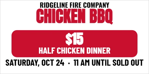 Banner template, chicken barbecue, reading "CHICKEN BBQ", "$15" and "HALF CHICKEN DINNER", in red and white