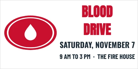 Banner template, blood drive, reading "BLOOD", "DRIVE" and "SATURDAY, NOVEMBER 7", in red and white