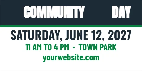 Banner template, community day, reading "COMMUNITY", "DAY" and "SATURDAY, JUNE 12, 2027", in navy and white
