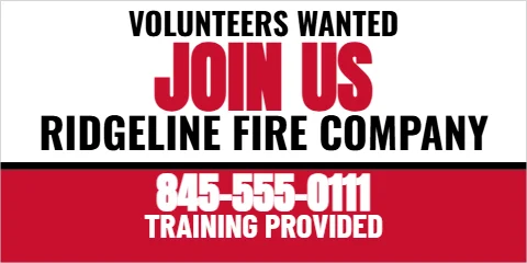 Banner template, volunteers wanted, join us, reading "JOIN US", "RIDGELINE FIRE COMPANY" and "845-555-0111", in red and white