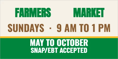 Banner template, farmers market, reading "FARMERS", "MARKET" and "SUNDAYS · 9 AM TO 1 PM", in green and cream