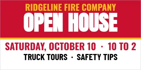 Banner template, fire company open house, reading "RIDGELINE FIRE COMPANY", "OPEN HOUSE" and "TRUCK TOURS · SAFETY TIPS", in red and white