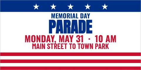 Banner template, parade, reading "PARADE", "MONDAY, MAY 31 · 10 AM" and "MAIN STREET TO TOWN PARK", in blue and white