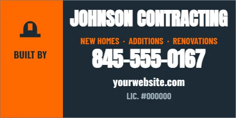 Banner template, job-site fence banner, reading "JOHNSON CONTRACTING", "845-555-0167" and "yourwebsite.com", in orange and navy