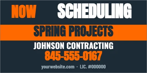 Banner template, now scheduling, reading "SCHEDULING", "NOW" and "SPRING PROJECTS", in orange and navy