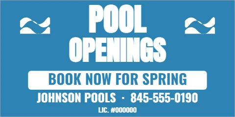 Banner template, pool openings, reading "POOL", "OPENINGS" and "BOOK NOW FOR SPRING", in white and blue