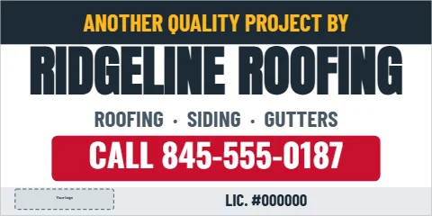 Banner template, another project by, reading "ANOTHER QUALITY PROJECT BY", "RIDGELINE ROOFING" and "CALL 845-555-0187", in navy and white, with a space for your logo
