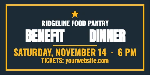 Banner template, benefit dinner, reading "BENEFIT", "DINNER" and "SATURDAY, NOVEMBER 14 · 6 PM", in navy
