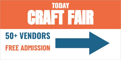 Banner template, craft fair today, reading "TODAY", "CRAFT FAIR" and "50+ VENDORS", in coral and white