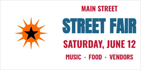 Banner template, street fair, reading "MAIN STREET", "STREET FAIR" and "SATURDAY, JUNE 12", in white