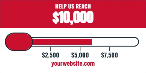 Banner template, fundraising goal thermometer, reading "$10,000", "$2,500" and "yourwebsite.com", in red and white