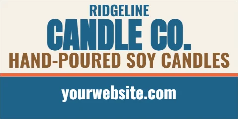 Banner template, vendor booth banner, reading "CANDLE CO.", "HAND-POURED SOY CANDLES" and "yourwebsite.com", in steel blue and cream