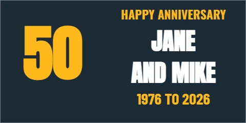 Banner template, happy anniversary, reading "50", "JANE" and "AND MIKE", in navy