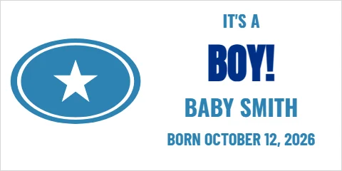 Banner template, it's a boy, reading "IT'S A", "BOY!" and "BABY SMITH", in blue and white