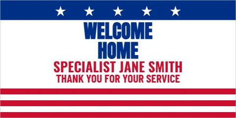 Banner template, military welcome home, reading "WELCOME", "HOME" and "SPECIALIST JANE SMITH", in blue and white