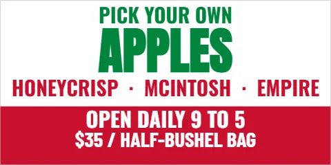 Banner template, u-pick apples, reading "APPLES", "OPEN DAILY 9 TO 5" and "$35 / HALF-BUSHEL BAG", in red and white