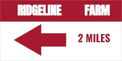 Banner template, farm name and miles, reading "RIDGELINE", "FARM" and "2 MILES", in maroon and white