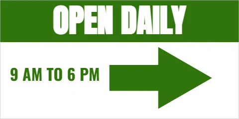 Banner template, open daily, arrow, reading "OPEN DAILY" and "9 AM TO 6 PM", in green and white