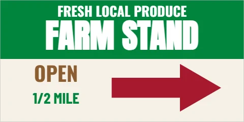 Banner template, farm stand, this way, reading "FARM STAND", "OPEN" and "1/2 MILE", in green and cream