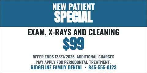 Banner template, new patient special, reading "NEW PATIENT", "SPECIAL" and "$99", in steel blue and white