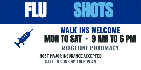 Banner template, flu shots, walk-ins welcome, reading "FLU", "SHOTS" and "WALK-INS WELCOME", in blue and white