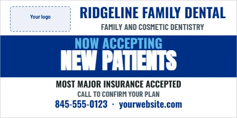 Banner template, now accepting new patients, dental, reading "RIDGELINE FAMILY DENTAL", "NOW ACCEPTING" and "NEW PATIENTS", in blue and white, with a space for your logo
