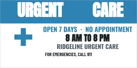 Banner template, urgent care hours, reading "URGENT", "CARE" and "8 AM TO 8 PM", in blue and white