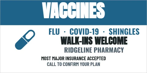 Banner template, vaccines available, reading "VACCINES", "FLU · COVID-19 · SHINGLES" and "WALK-INS WELCOME", in steel blue and white