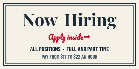 Banner template, now hiring, apply inside, serif, reading "Now", "Hiring" and "ALL POSITIONS · FULL AND PART TIME", in cream