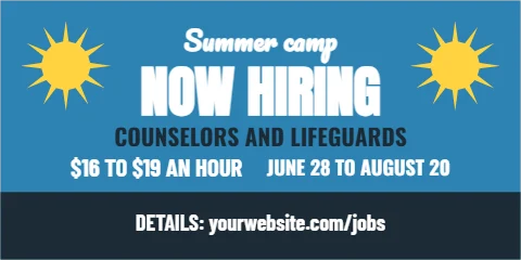 Banner template, summer camp counselors, reading "Summer camp", "NOW HIRING" and "COUNSELORS AND LIFEGUARDS", in navy and blue